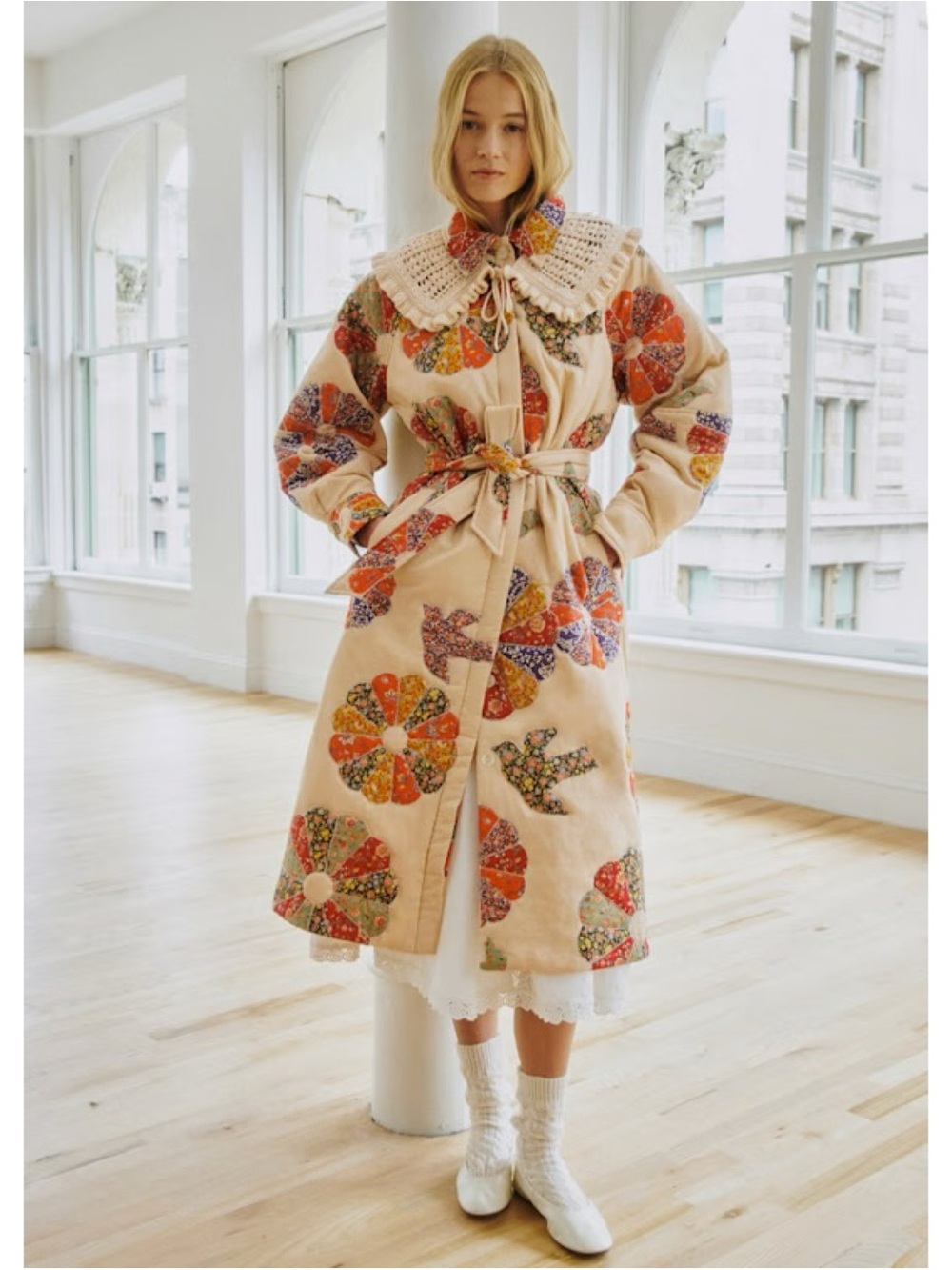 NWT Sézane x Sea NY Ludwig Quilted Birds Patchwork Belted Coat Woodstock Floral